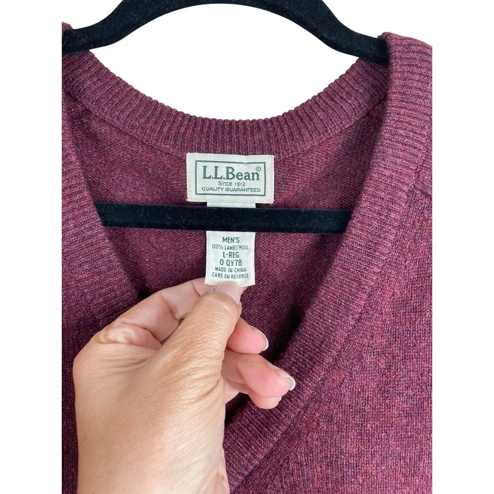 LL Bean Sweater Mens Large Burgandy 100% Lambs Wool V Neck Pullover Outdoor‎